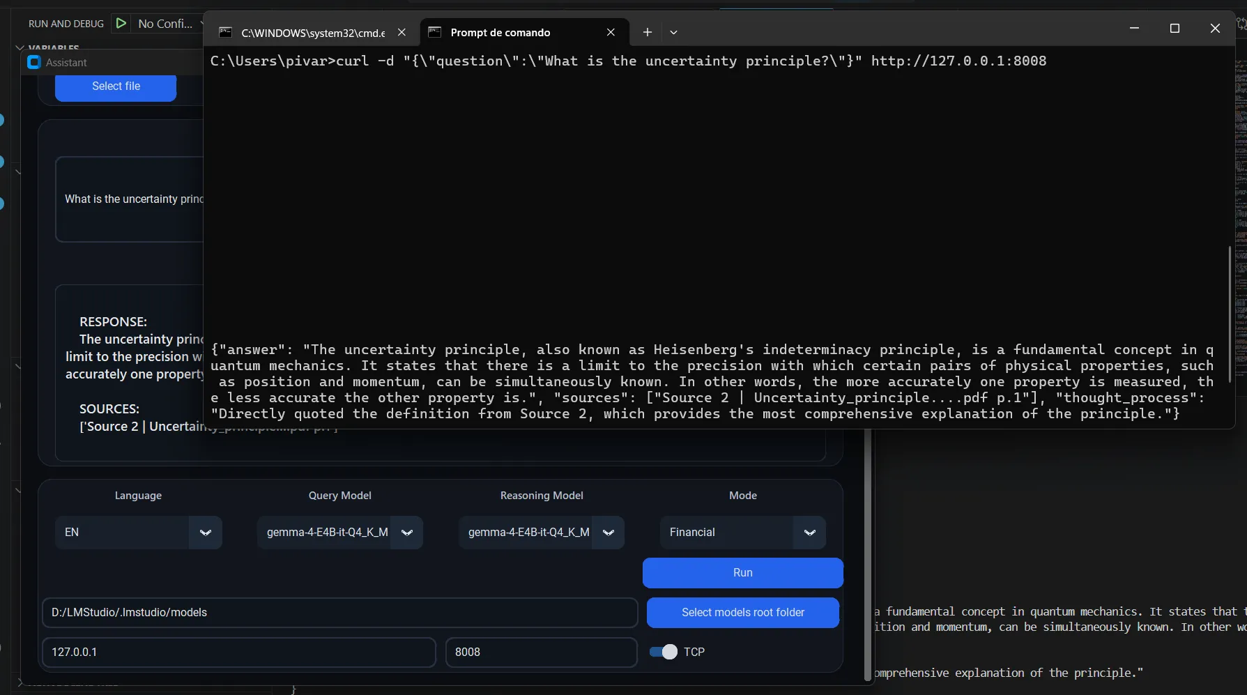 User interface receiving a question through TCP.